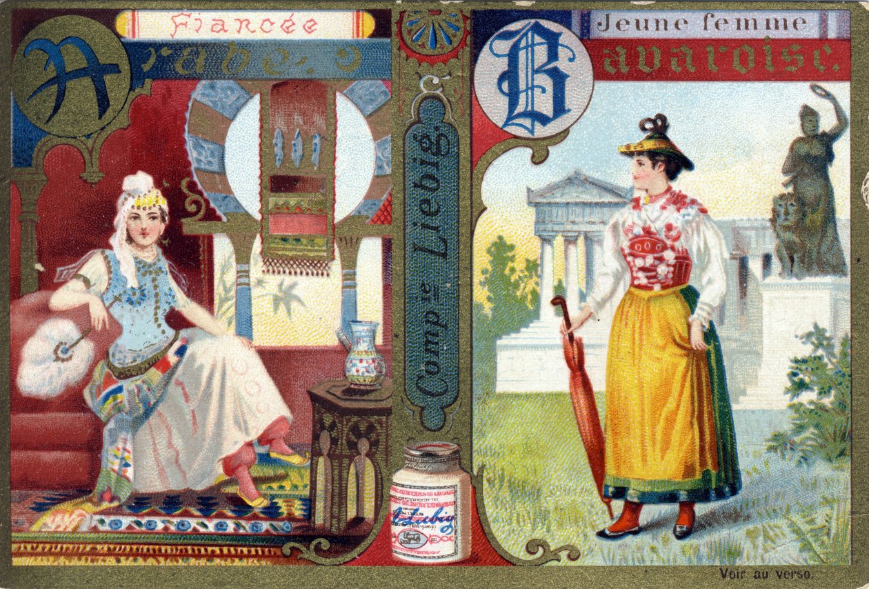 Lettre A comme Fiancée arabe et B comme Jeune femme bavaroise. Alphabet des femmes. Série de 12 images. Publicité Liebig - French School