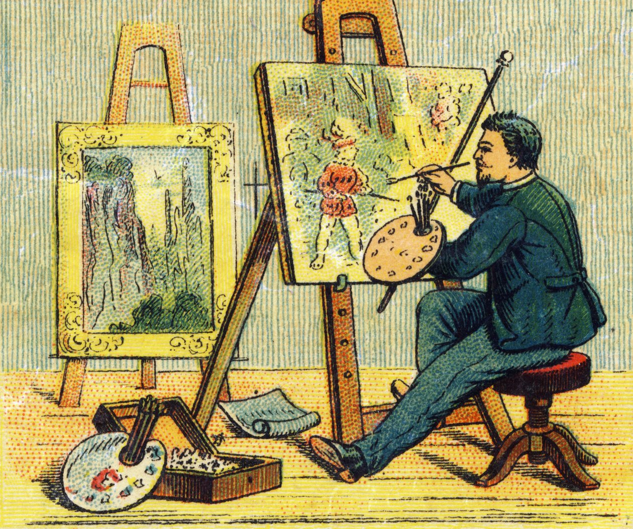 Lettre A : peintre dans son atelier. Gravure dans "ABC indéchirable sur toile vernie". A. Capendu, éditeur, Paris, fin du XIXe siècle. Librairie pour enfants illustrée. 8 pages. Dim : 21,5x18cm. - French School