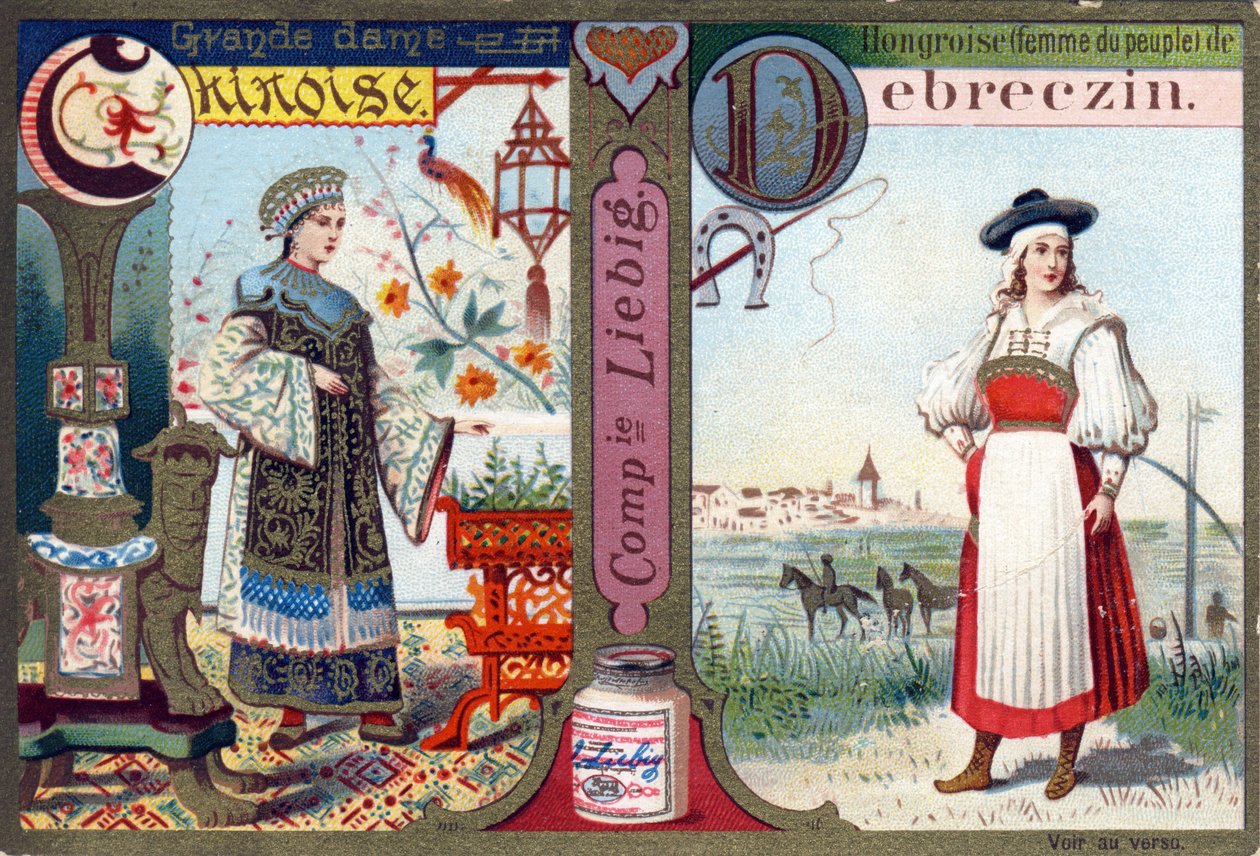 Lettre C comme Grande dame chinoise et D comme Hongroise de Debreczin. Alphabet des femmes. Série de 12 images. Publicité Liebig - French School