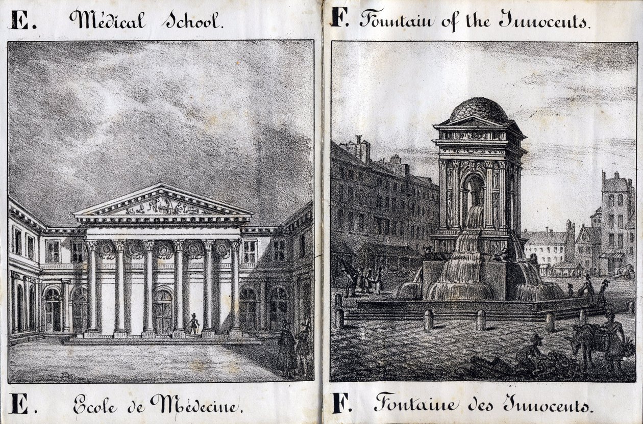 Lettre E et F: École de Médecine et la Fontaine des Innocents - "Alphabet Pittoresque des Monuments de Paris" vers 1840 (gravure) - French School