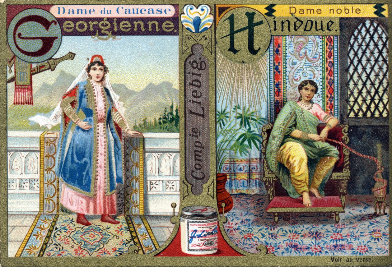 Lettre G comme Dame géorgienne du Caucase et H comme Dame noble hindoue. Alphabet des femmes. Série de 12 images. Publicité Liebig - French School