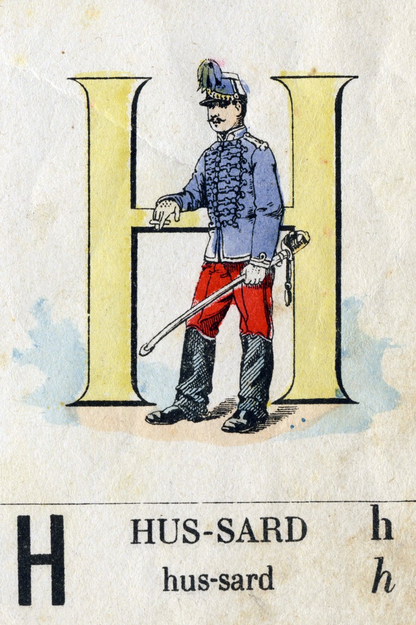Lettre H comme Hussard. Alphabet militaire. Imagerie d