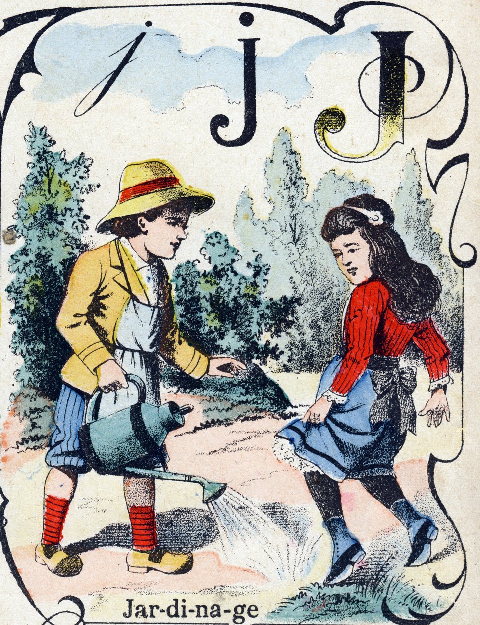 Lettre J : Jardinage. Gravure dans "ABC des jouets pour petits garçons". Imagerie de Pont-à-Mousson, Louis Vagne, imprimeur-éditeur, fin XIXe siècle. - French School