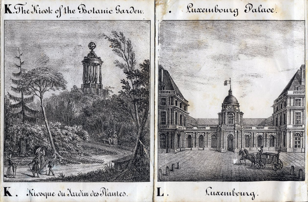 Lettre K Kiosque du Jardin des Plantes et L Palais du Luxembourg - "Alphabet Pittoresque des Monuments de Paris" vers 1840 (gravure) - French School