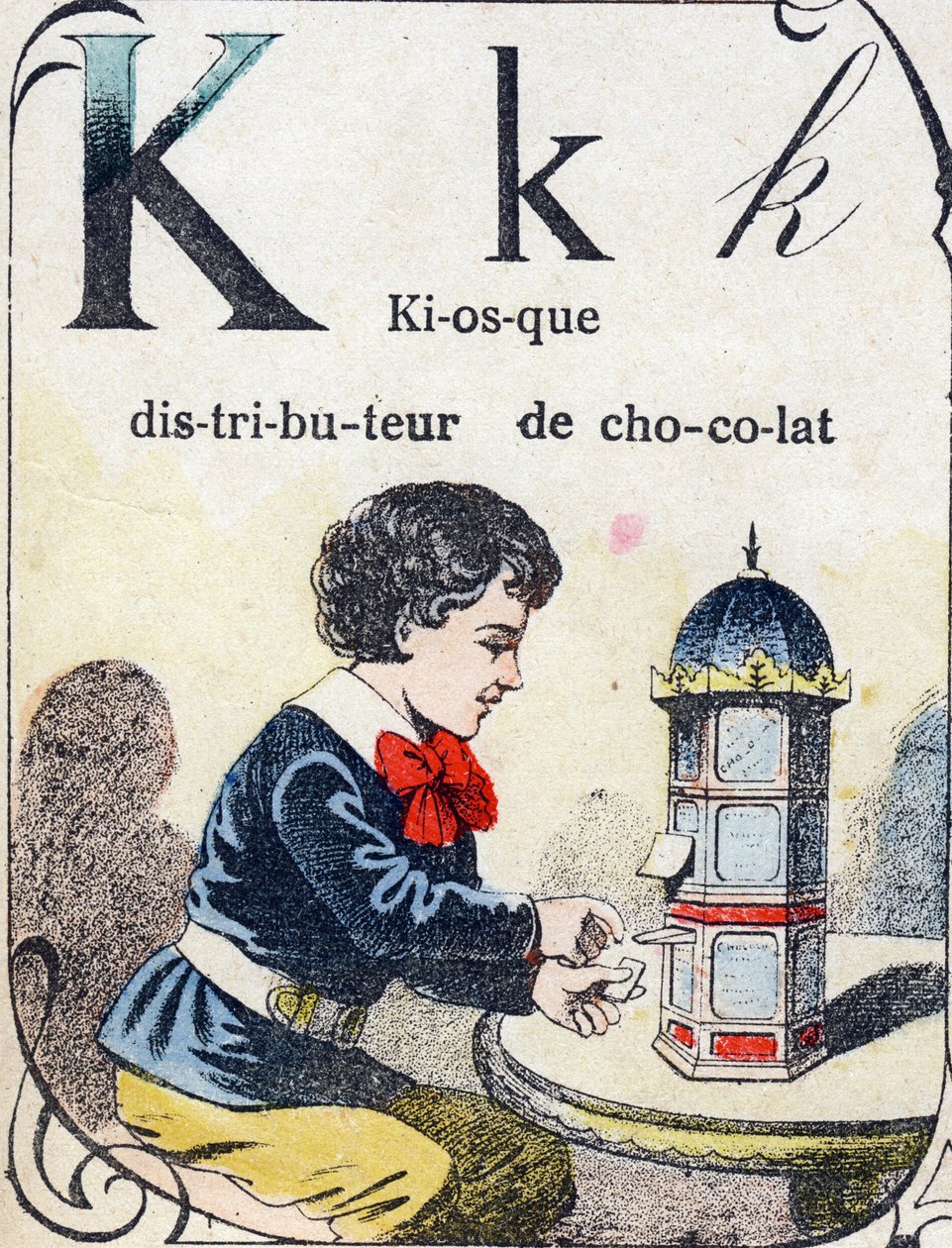 Lettre K : kiosque distributeur de chocolat. Gravure dans "ABC des jouets pour petits garçons". Imagerie de Pont-à-Mousson, Louis Vagne, imprimeur-éditeur, fin XIXe siècle. - French School