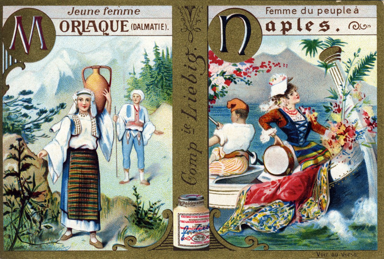 Lettre M comme Jeune Femme Morlac et N comme Femme du Peuple à Naples. Alphabet des femmes. Série de 12 images. Publicité Liebig - French School