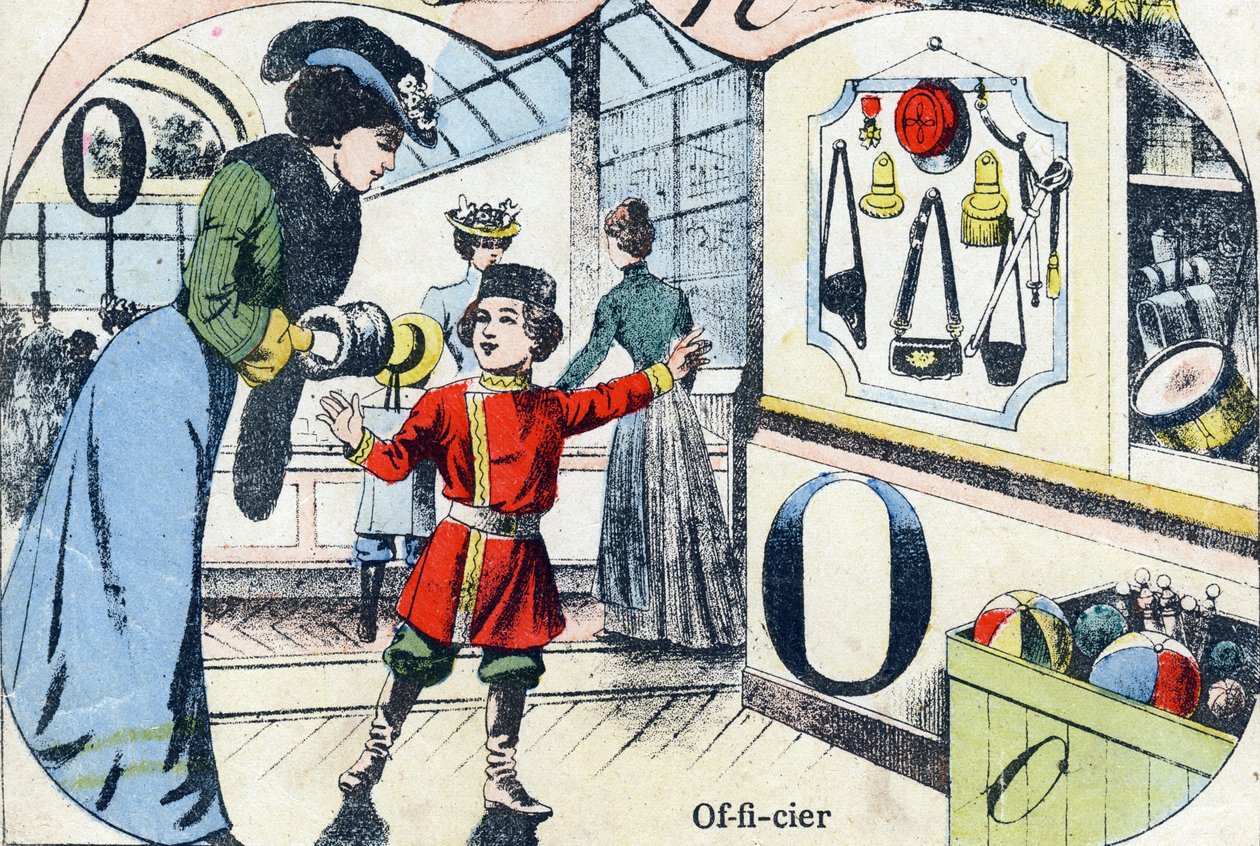 Lettre O : Officier. Gravure dans "ABC des jouets pour petits garçons". Imagerie de Pont-à-Mousson, Louis Vagne, imprimeur-éditeur, fin XIXe siècle. - French School