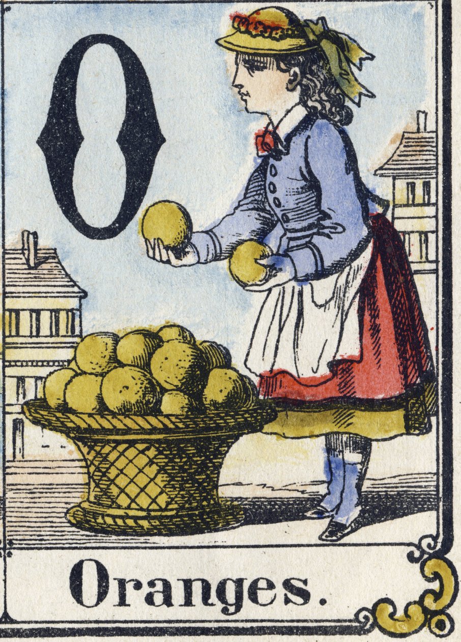 Lettre O : Oranges. Alphabet récréatif. Imagerie d