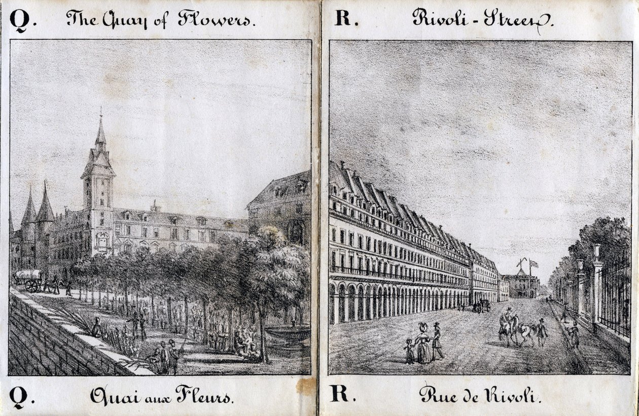 Lettre Q et A : Le quai aux fleurs et la rue de Rivoli - "Alphabet Pittoresque des Monuments de Paris" vers 1840 (gravure) - French School