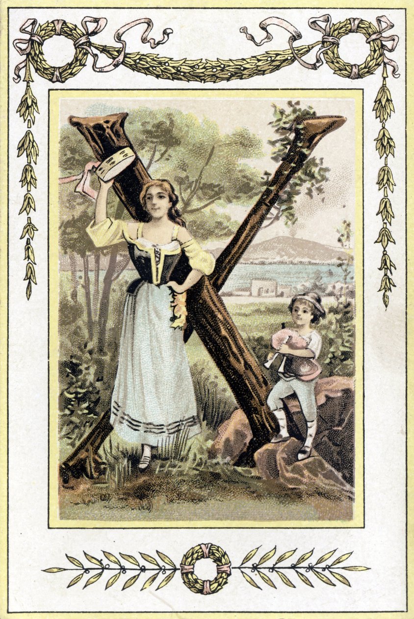 Lettre représentant une mère avec un tambourin et son fils en berger avec une cornemuse, fin 19e siècle (chromolithographie) - French School