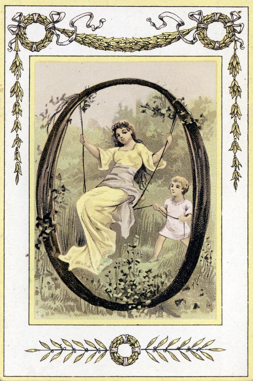 Lettre représentant une mère se balançant avec son fils, fin du XIXe siècle (chromolithographie) - French School