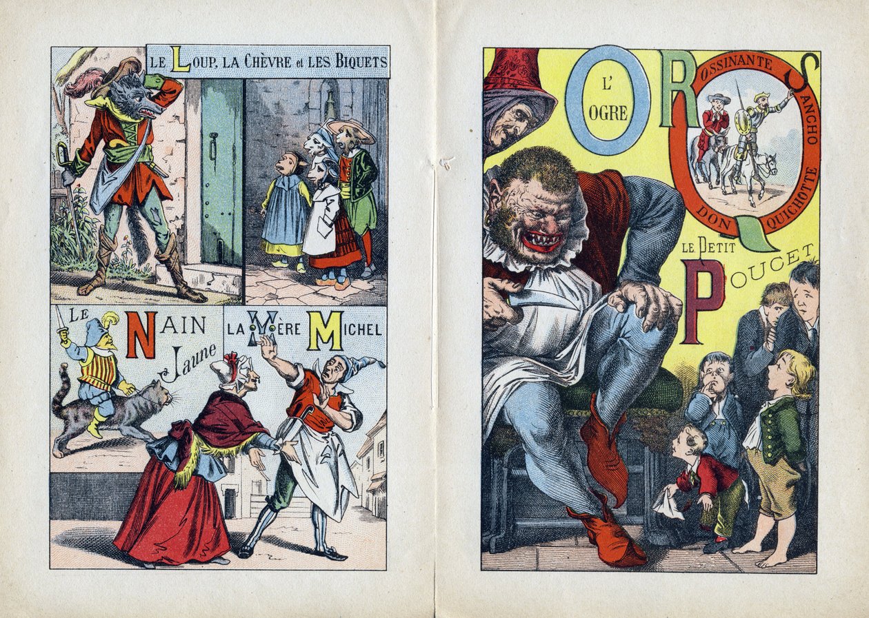 Lettres : L M N O P Q R S (page centrale double). Le loup, la chèvre et les biquets, La Mère Michel, Le Nain jaune, L