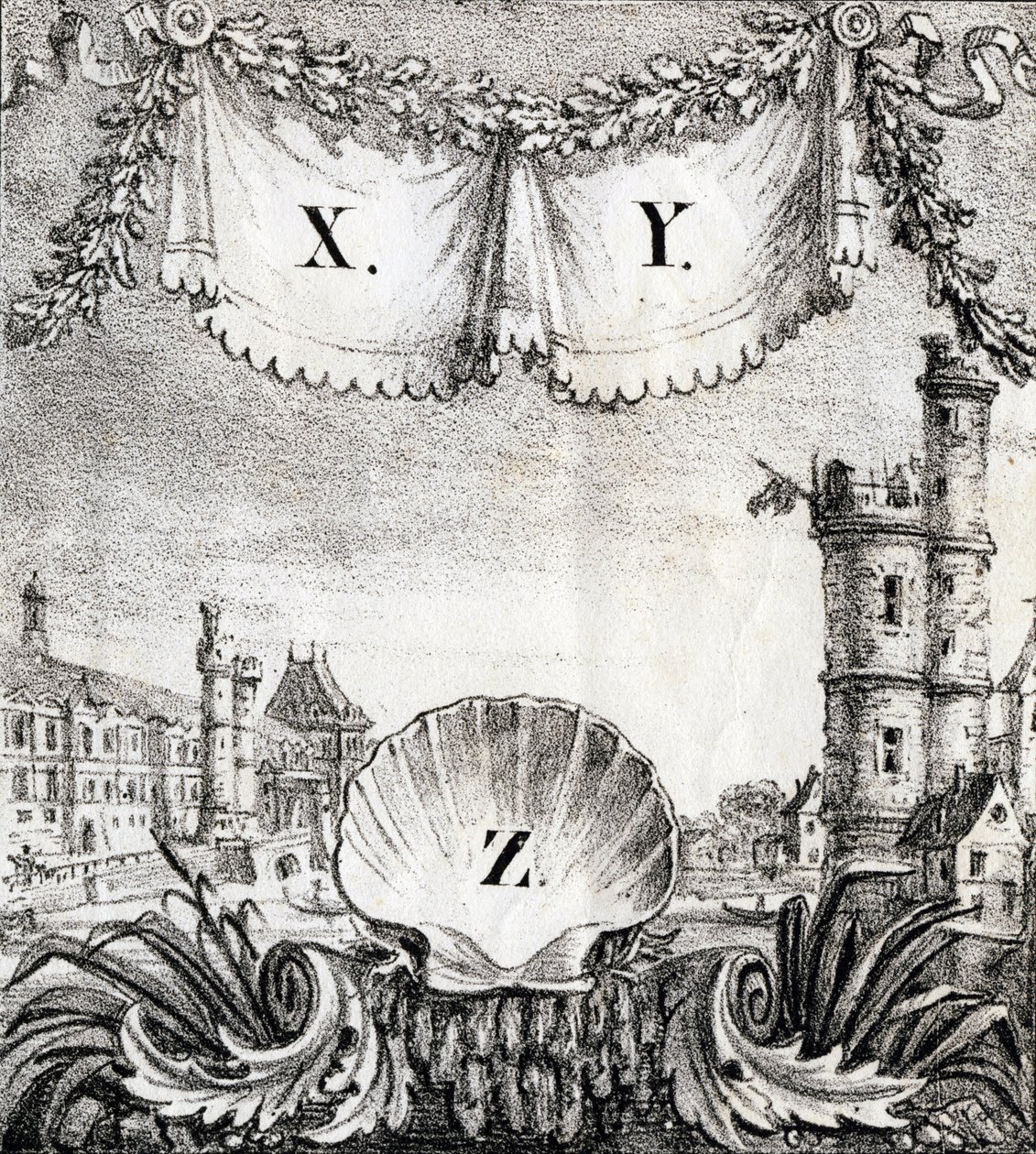 Lettres X, Y et Z : Paris en 1500 - "Alphabet Pittoresque des Monuments de Paris" vers 1840 (gravure) - French School
