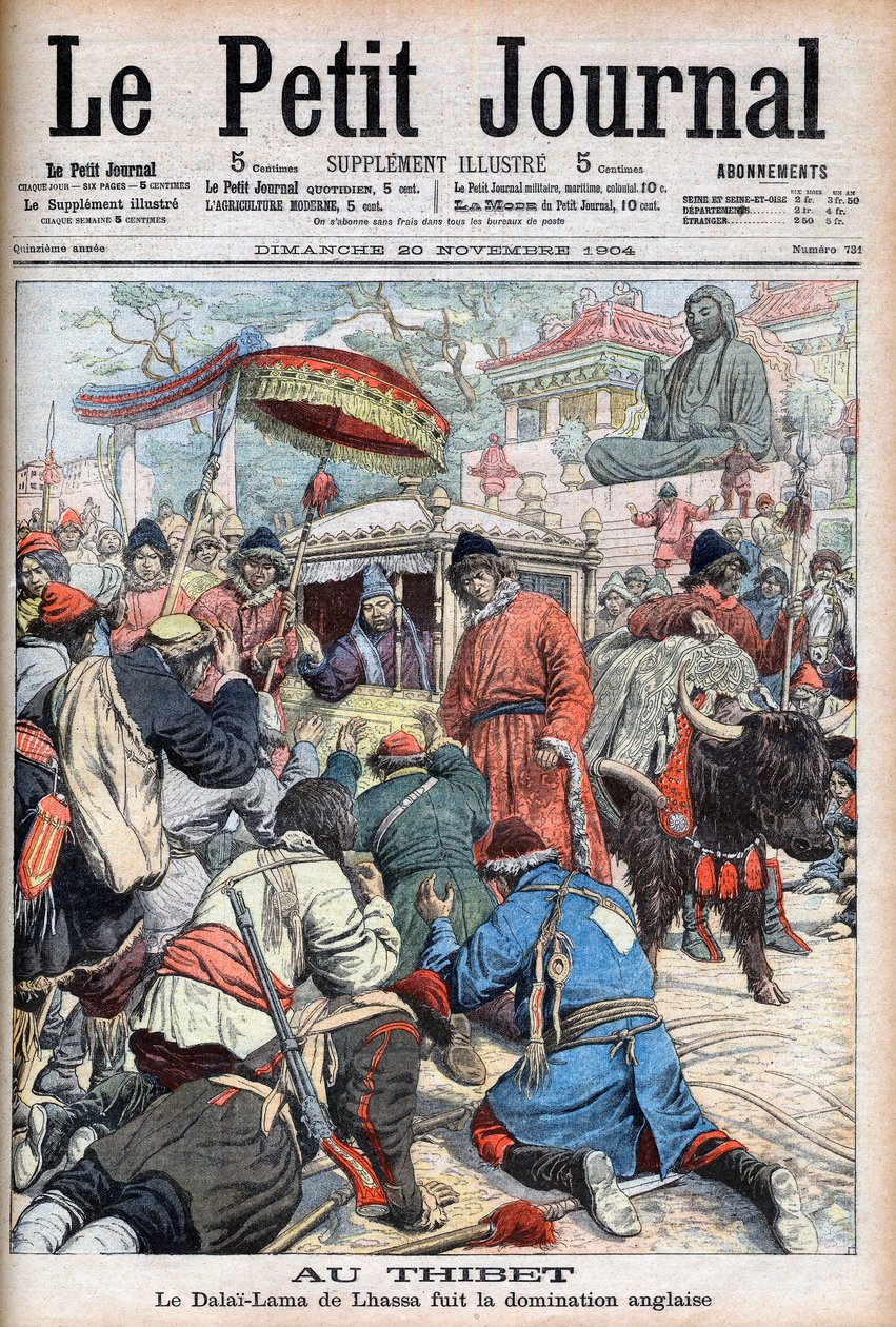 Le 13e Dalaï Lama de Lhassa (Thubten Gyatso) (1876-1933) fuyant la domination anglaise dans « Le Petit Journal » du 20 novembre - French School