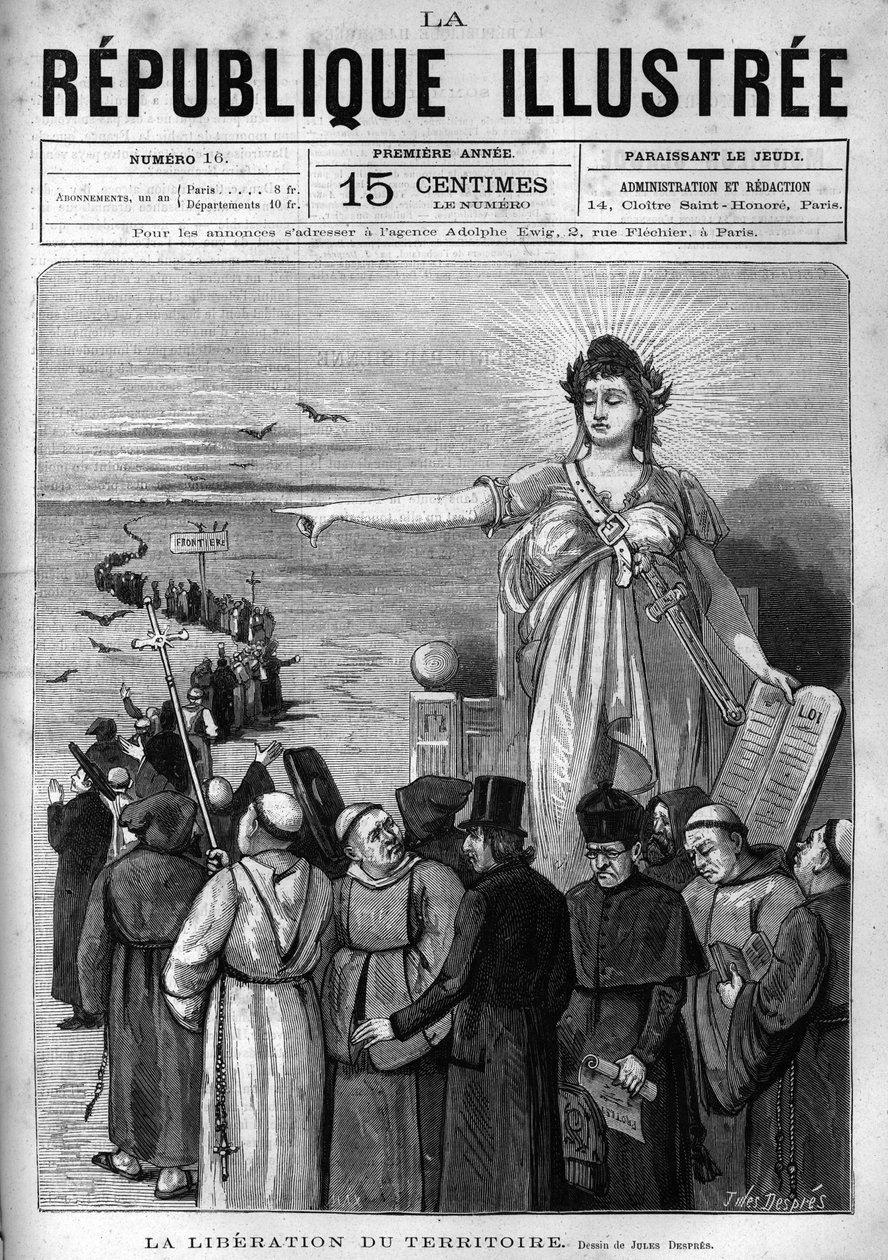 Libération du territoire : la République française expulse les congrégations religieuses non autorisées du territoire français suite aux décrets de mars 1880 pris par Jules Ferry et les privant du droit d