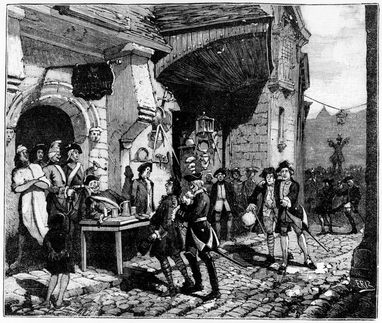 La vie à Paris sous Louis XV : les solliciteurs guettant le jeune et naïf provincial, tombant dans les griffes - dans « Paris à travers les siècles » de Gérouillac - French School