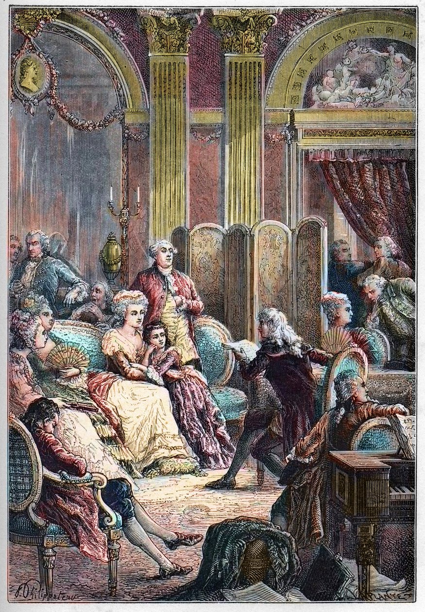 Salon littéraire - Lecture de "Paul et Virginie" par Jacques-Henri Bernardin de Saint-Pierre dans les salons de Madame Necker à Paris - aux côtés de Mme Necker son mari Jacques Necker et sa fille Germaine, plus tard, Mme de Staël - French School