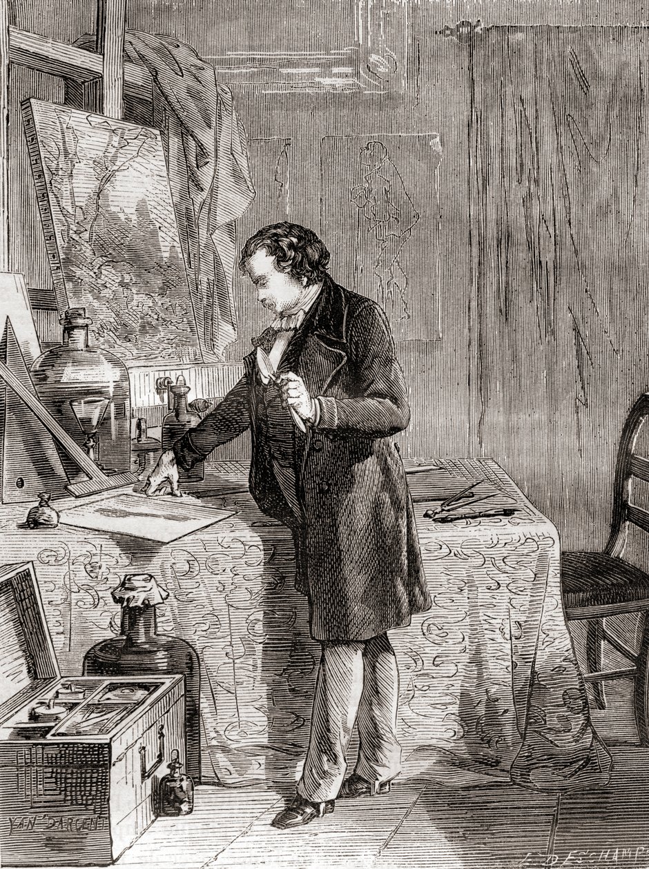Louis-Jacques-Mandé Daguerre inventant le procédé photographique du daguerréotype au 19ème siècle, de 