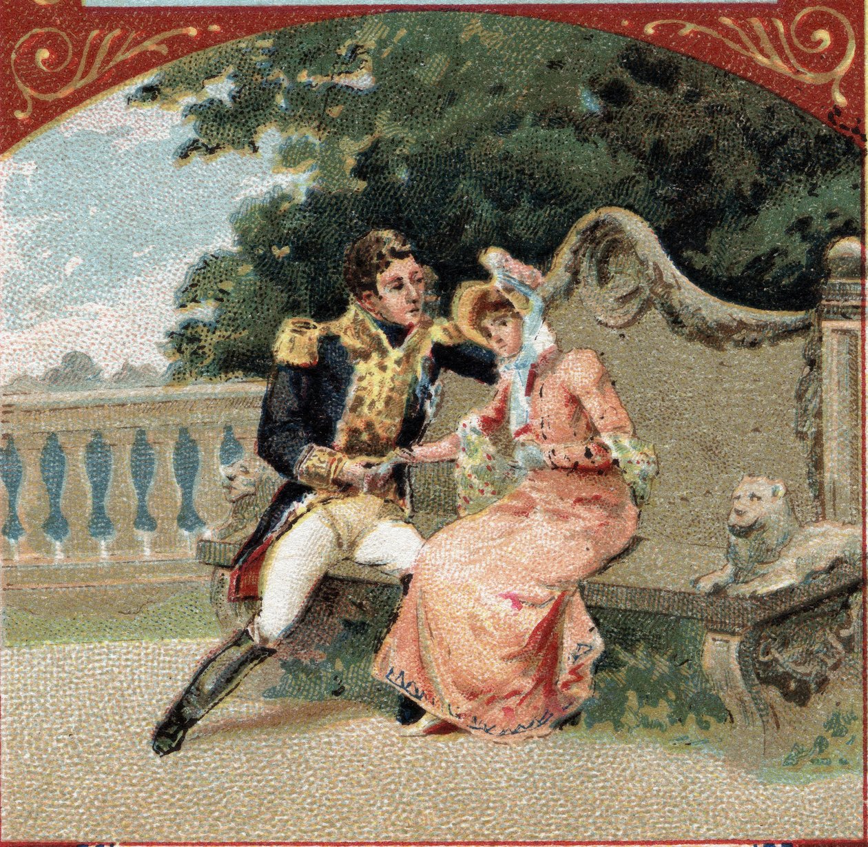 Louis Alexandre Berthier (1753-1815), Prince de Wagram, avec Madame Visconti, sa maîtresse, au Château de Grosbois. Chromolithographie de la fin du XIXe siècle - French School