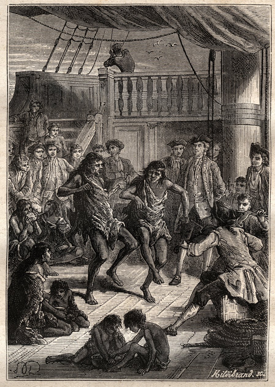 Louis Antoine, Comte de Bougainville (1729-1811) reçoit les habitants de la baie Fortescue (détroit de Magellan) dans son bateau « La Boudeuse » en 1768 - illustration tirée de « Les Grands Marins du XVIIIe siècle » - French School