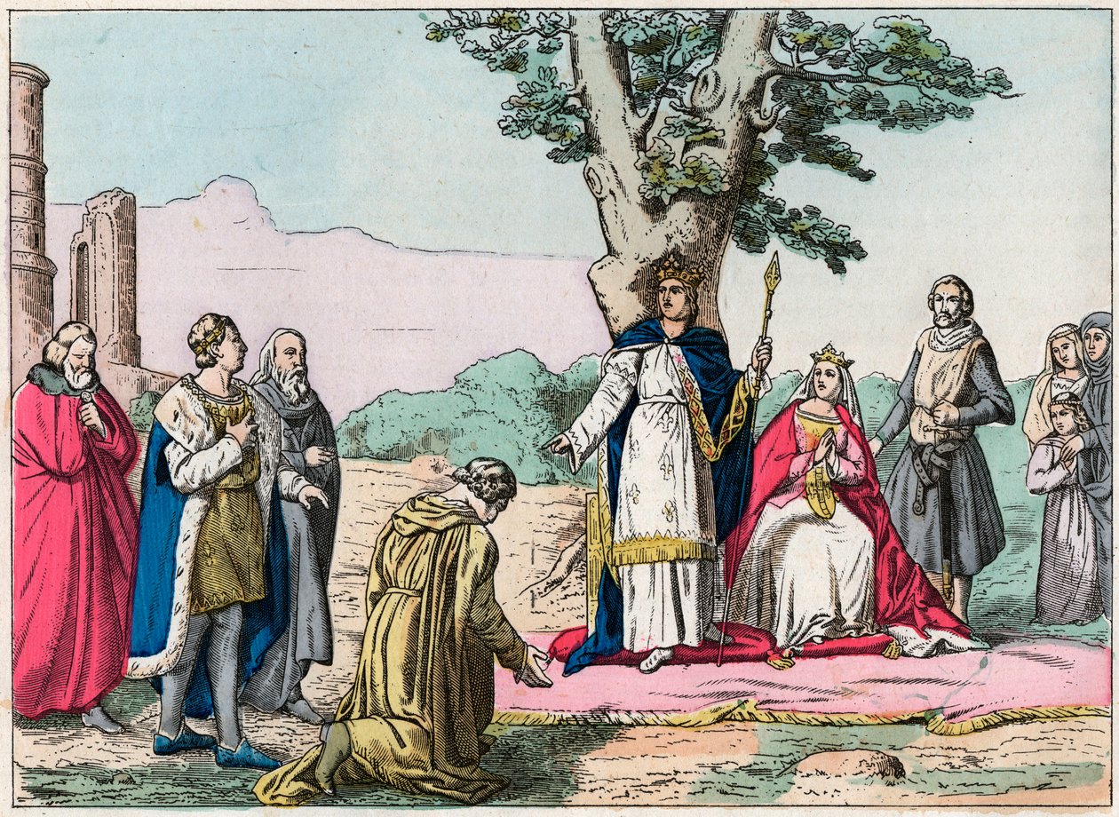 Louis IX, dit « Saint-Louis » (1214-1270) rend justice à tous ses sujets dans le Bois de Vincennes - Saint Louis (1214-1270) rend justice - Gravure de la fin du XIXe siècle dans « Nos Gloires Nationales - Images et récits » - French School