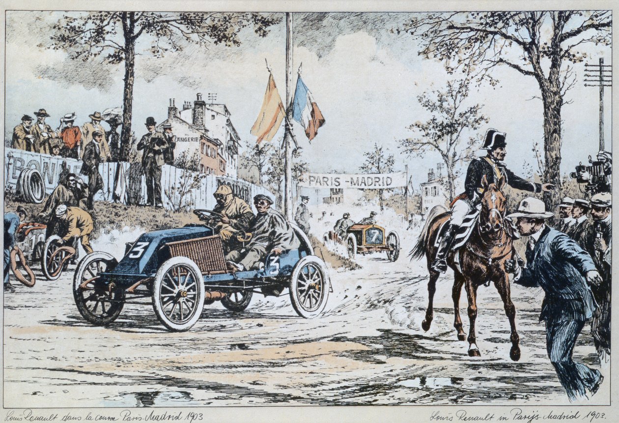 Louis Renault conduisant dans la course Paris-Madrid de 1903, vers 1903 - French School