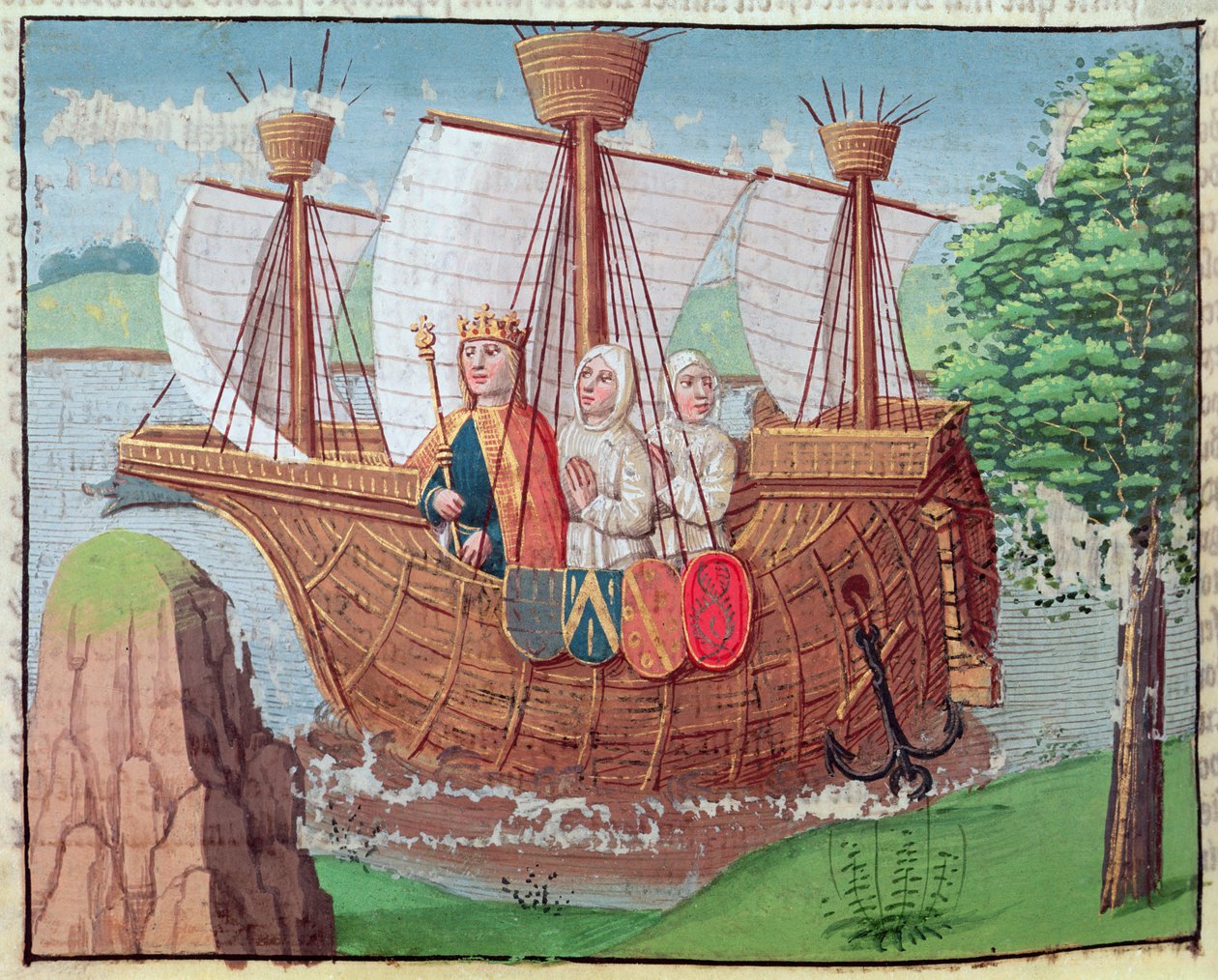 Louis VII embarquant pour la Terre Sainte avec des moines cisterciens en 1145, miniature de 