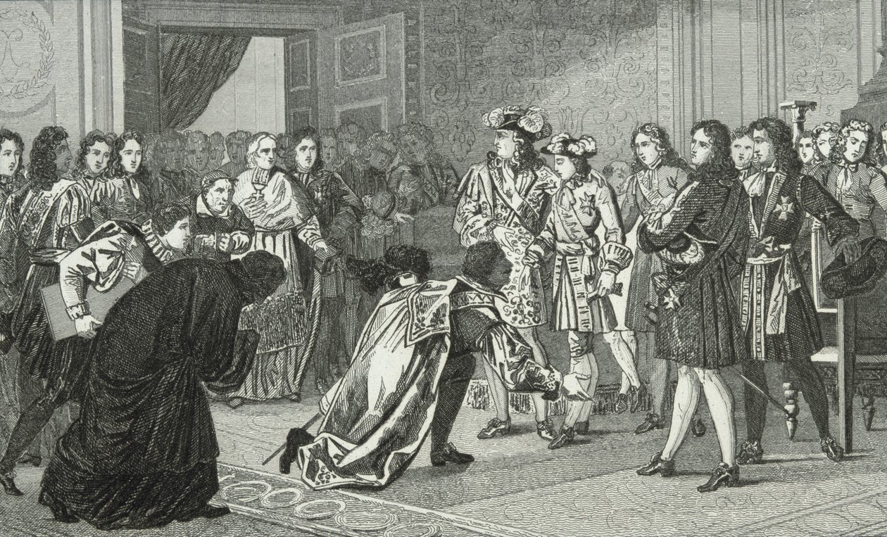 Louis XIV (1638-1715) le Roi Soleil présente son petit-fils Philippe V (1683-1746) aux envoyés espagnols, de 