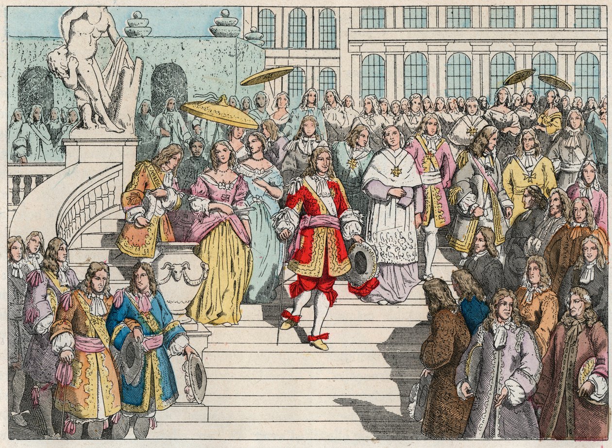 Louis XIV (Louis 14) et sa cour à Versailles - Louis XIV de France et sa cour à Versailles - Gravure de la fin du 19e siècle dans «Nos Gires Nationales - Images et récits» - French School