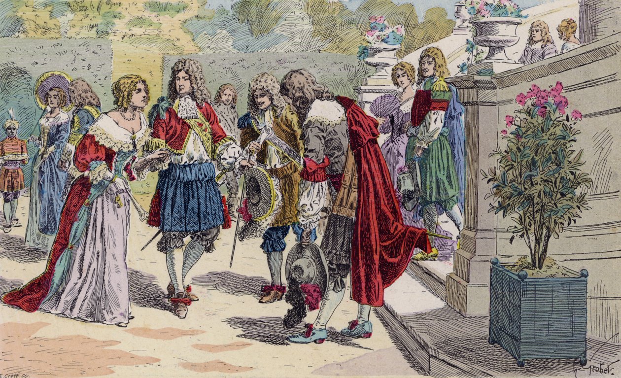 Louis XIV de France et sa cour à Versailles (lithographie couleur) - French School