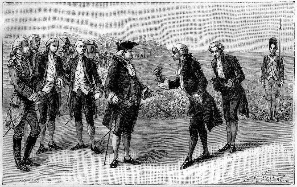 Louis XVI (1754-1793) visitant le premier champ de pommes de terre dans la plaine des Sablons (actuelle avenue de la Grande Armée, Paris), Antoine Augustin Parmentier (1737-1813) lui offrant des fleurs de pomme de terre, vers 1785. Gravure dans « La Nature - French School
