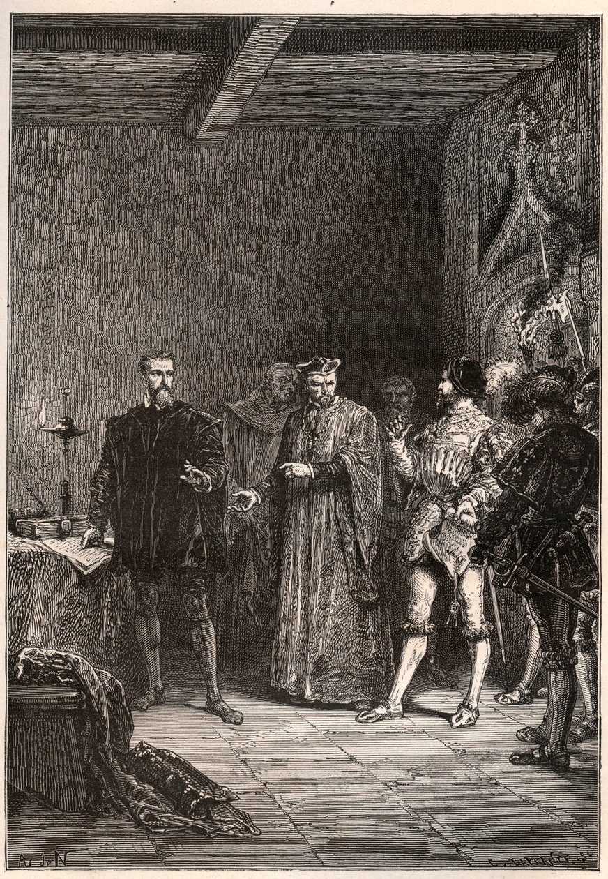 Louis de Berquin (1485-1529), chevalier et humaniste, réformateur religieux, libéré par Jean de la Barre (1523-1533) prévôt de Paris - Louis de Berquin (à gauche) libéré de prison par Jean de la Barre - gravure de « L