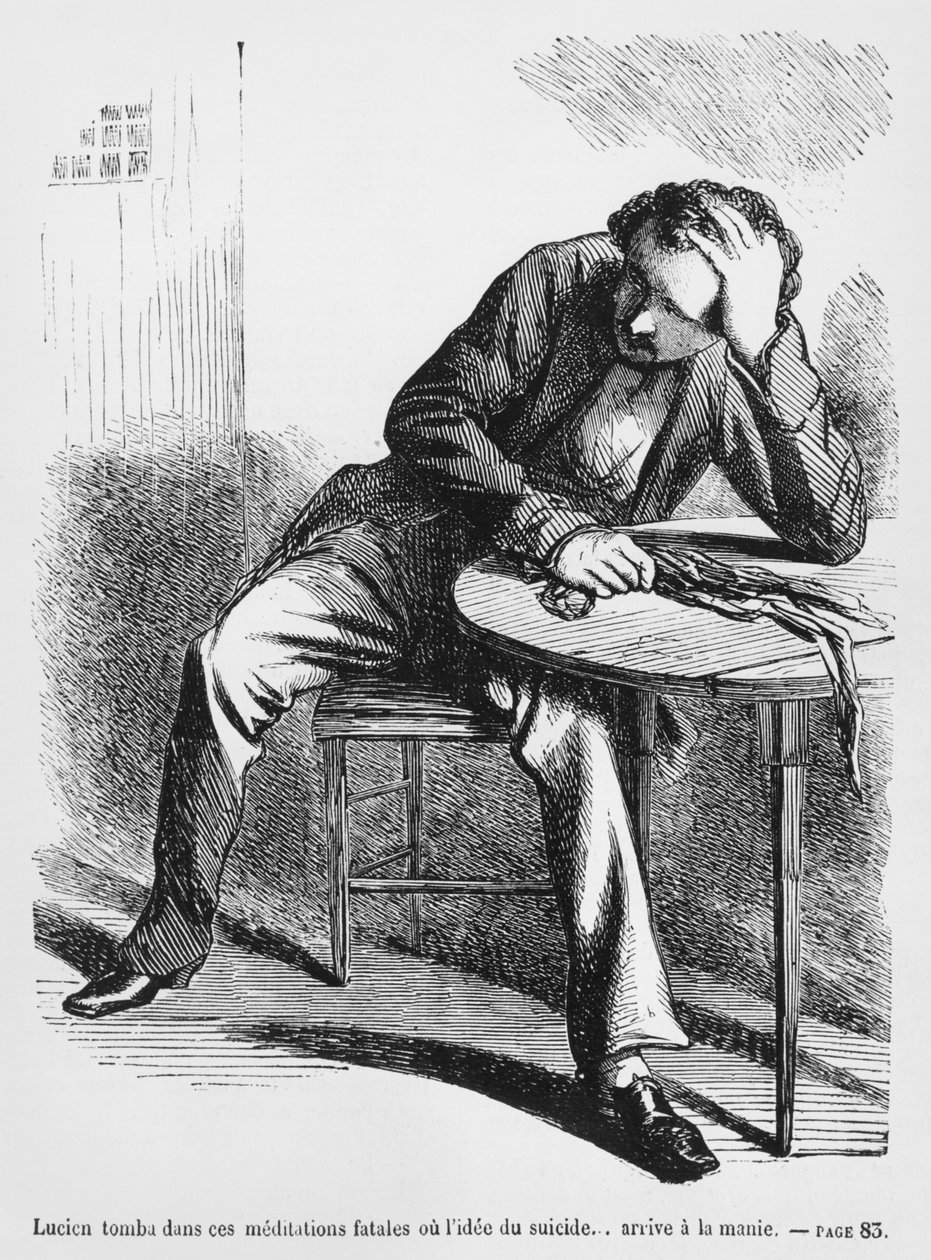 Lucien de Rubempré pensant au suicide, illustration de Splendeurs et Misères des Courtisanes par Honoré de Balzac, publié en 1867 - French School