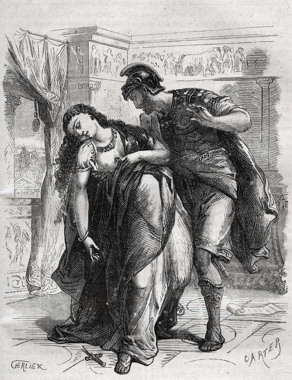 La mort de Lucrèce : Lucrèce, dame romaine du VIe siècle av. J.-C., victime de violence par son cousin Sextus Tarquin, fils de Tarquin le Superbe. Elle se suicide devant son mari, Lucius Tarquinius Collatinus - French School
