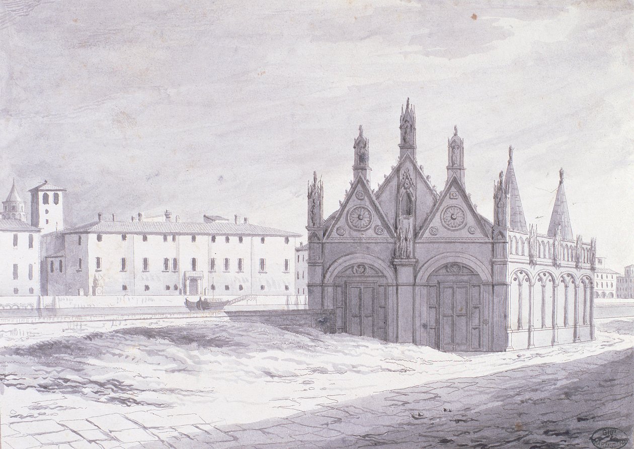 Lungarno, Santa Maria della Spina, Pise (stylo et encre sur papier) - French School