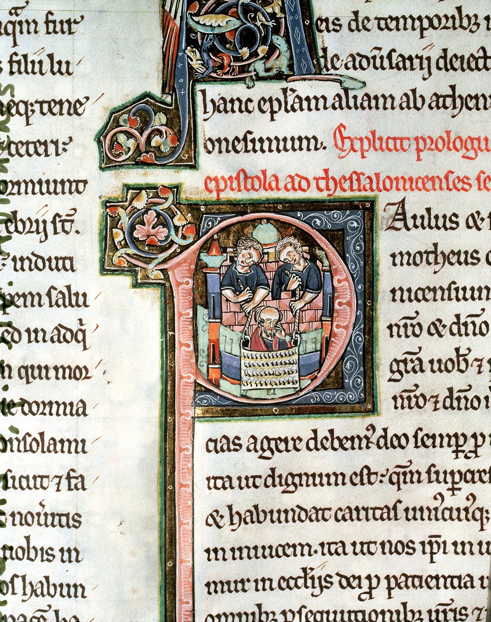 MS 3 Fol. 291v La Fuite de Saint Paul de Damas, lettre initiale illuminée P, 13ème siècle, de la Bible d