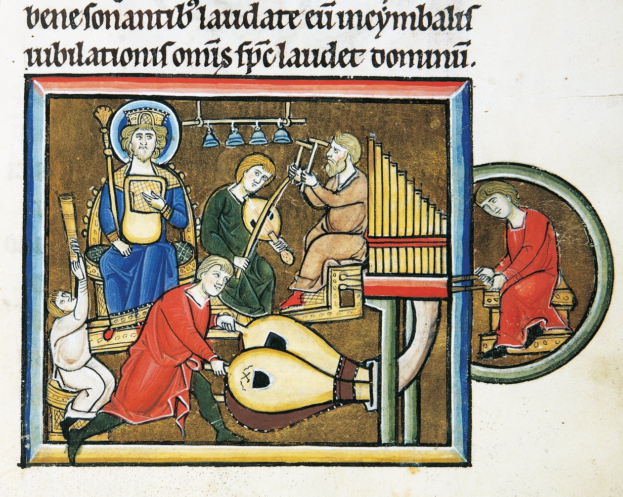 MS CXXXVII fol. 149r, Roi David tenant le psautier et musiciens jouant, du Psautier de Sainte Élisabeth - French School