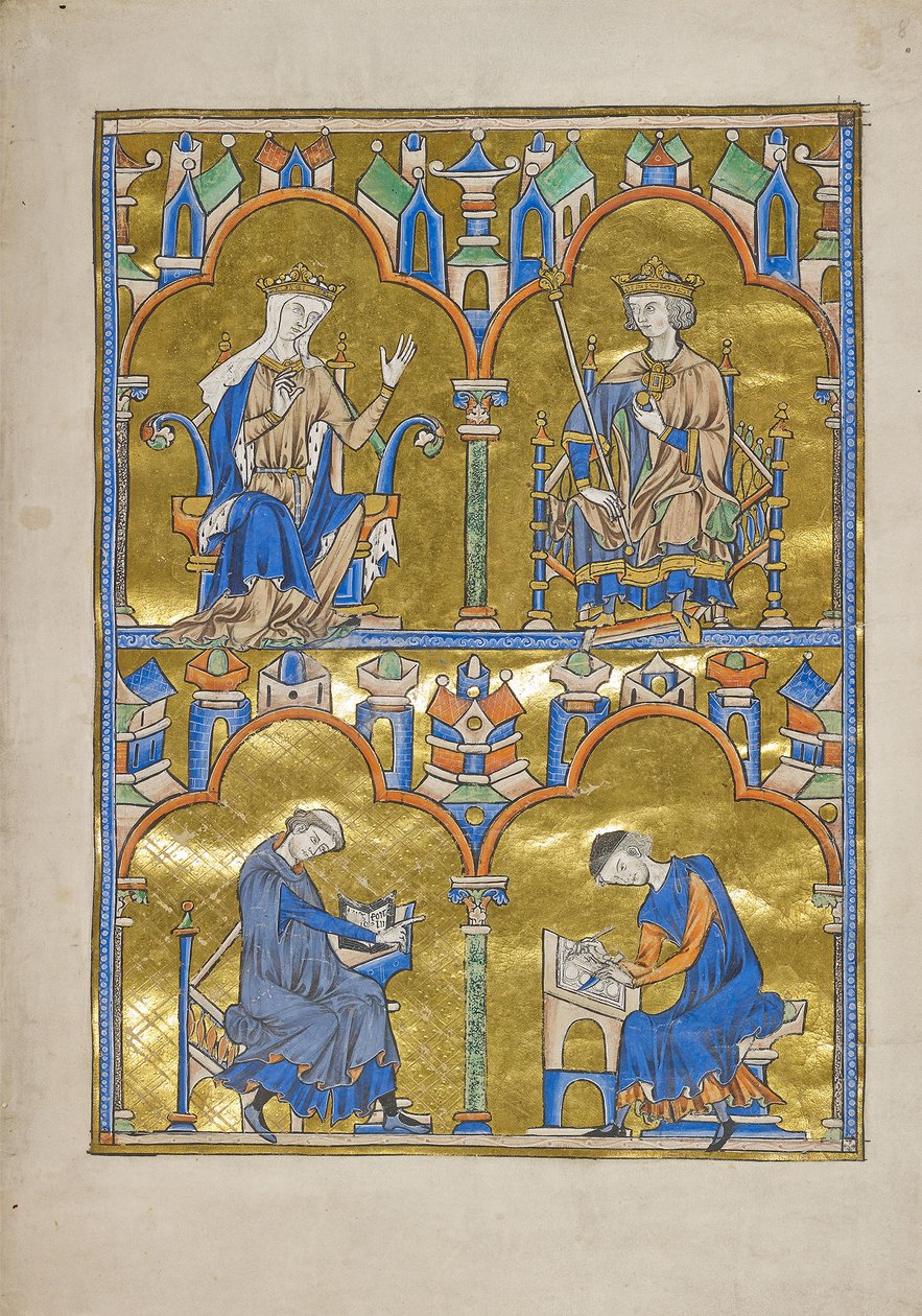 MS M.240 f.8r, Blanche de Castille et le roi Louis IX de France et en dessous : Auteur dictant à un scribe, Bible de Saint Louis (Bible moralisée), probablement Paris - French School