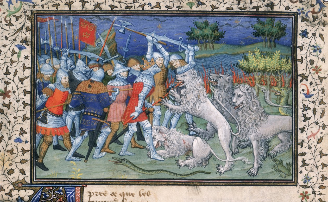 Alexandre le Grand (356-323 av. J.-C.) combat des lions blancs, de 