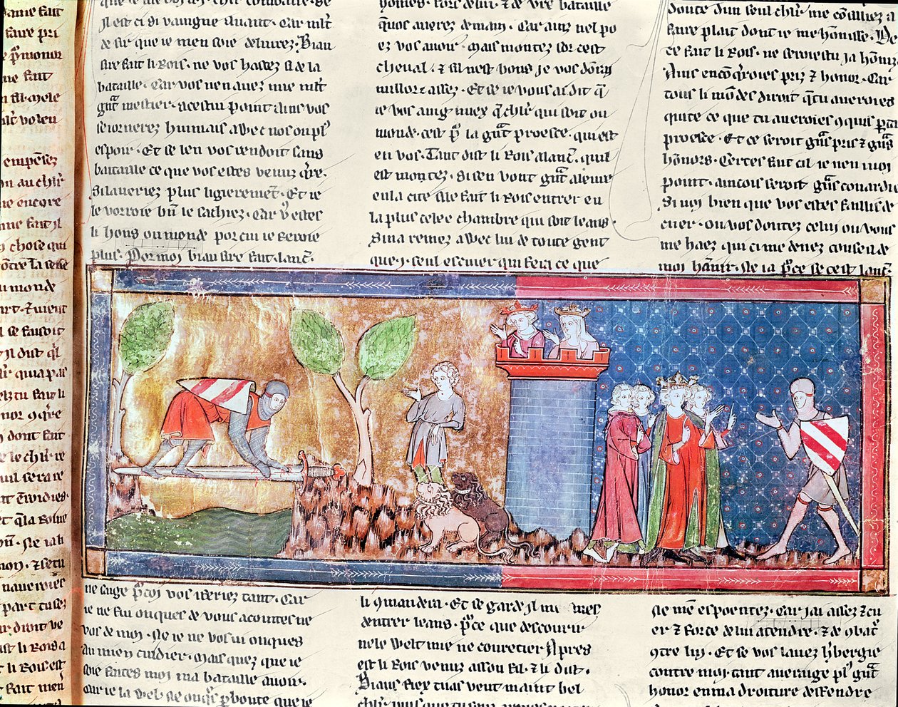 M. 806 f.166 Lancelot prouve son amour pour Guenièvre en traversant une rivière sur un pont d