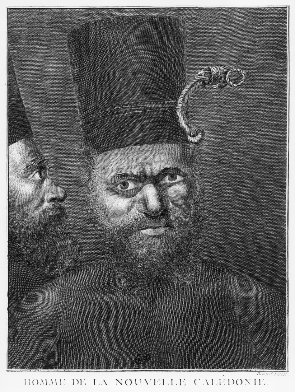 Homme de Nouvelle-Calédonie, illustration du deuxième voyage du capitaine James Cook, gravé par Benard (18e siècle) 1774 - French School