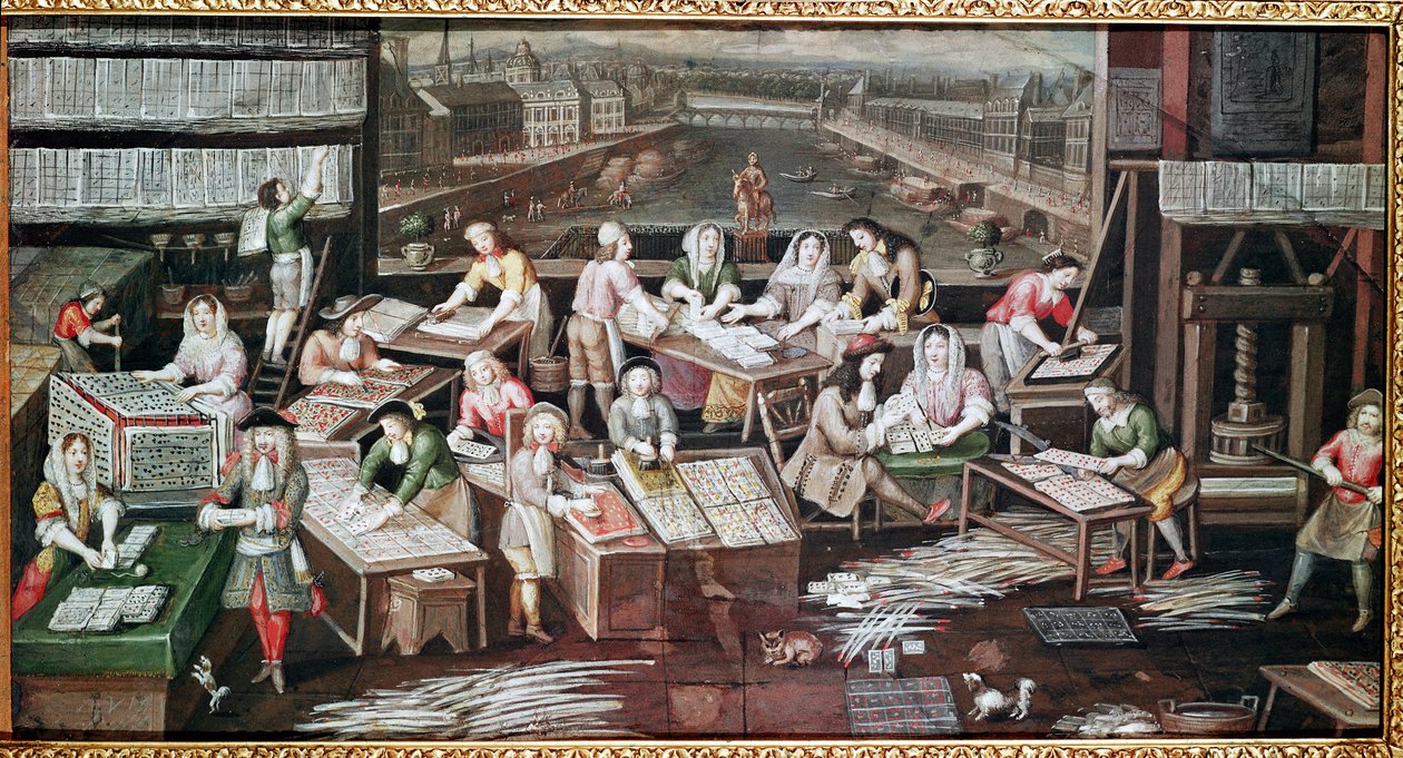 Fabrication de cartes à jouer dans une maison de la place Dauphine (dessin pour un éventail, gouache sur papier, vers 1680) - French School
