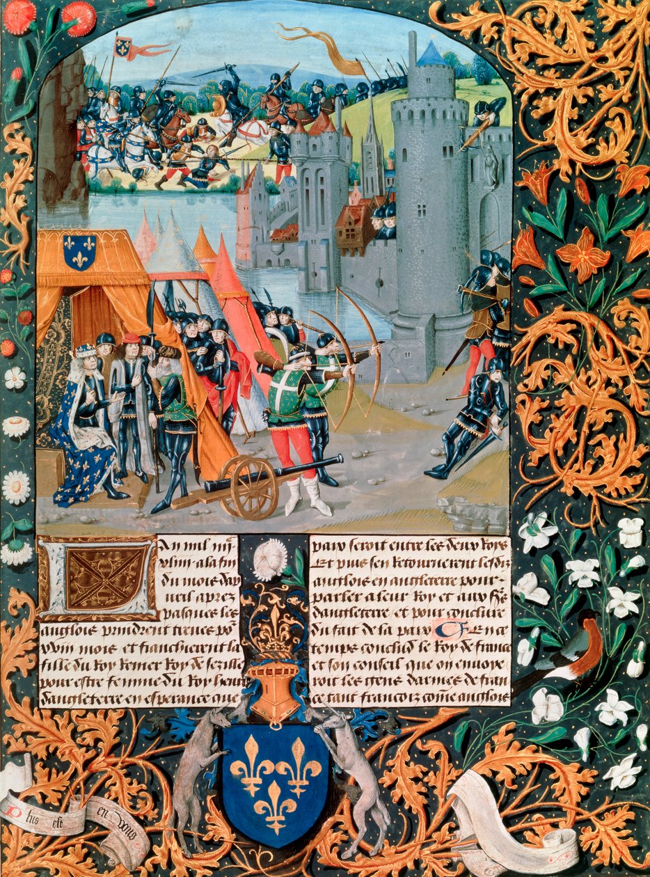 Manuscrit représentant une bataille de la guerre de Cent Ans, 14ème siècle - French School