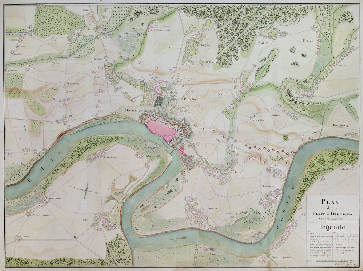 Carte de Düsseldorf et des environs (plume et encre sur papier) - French School