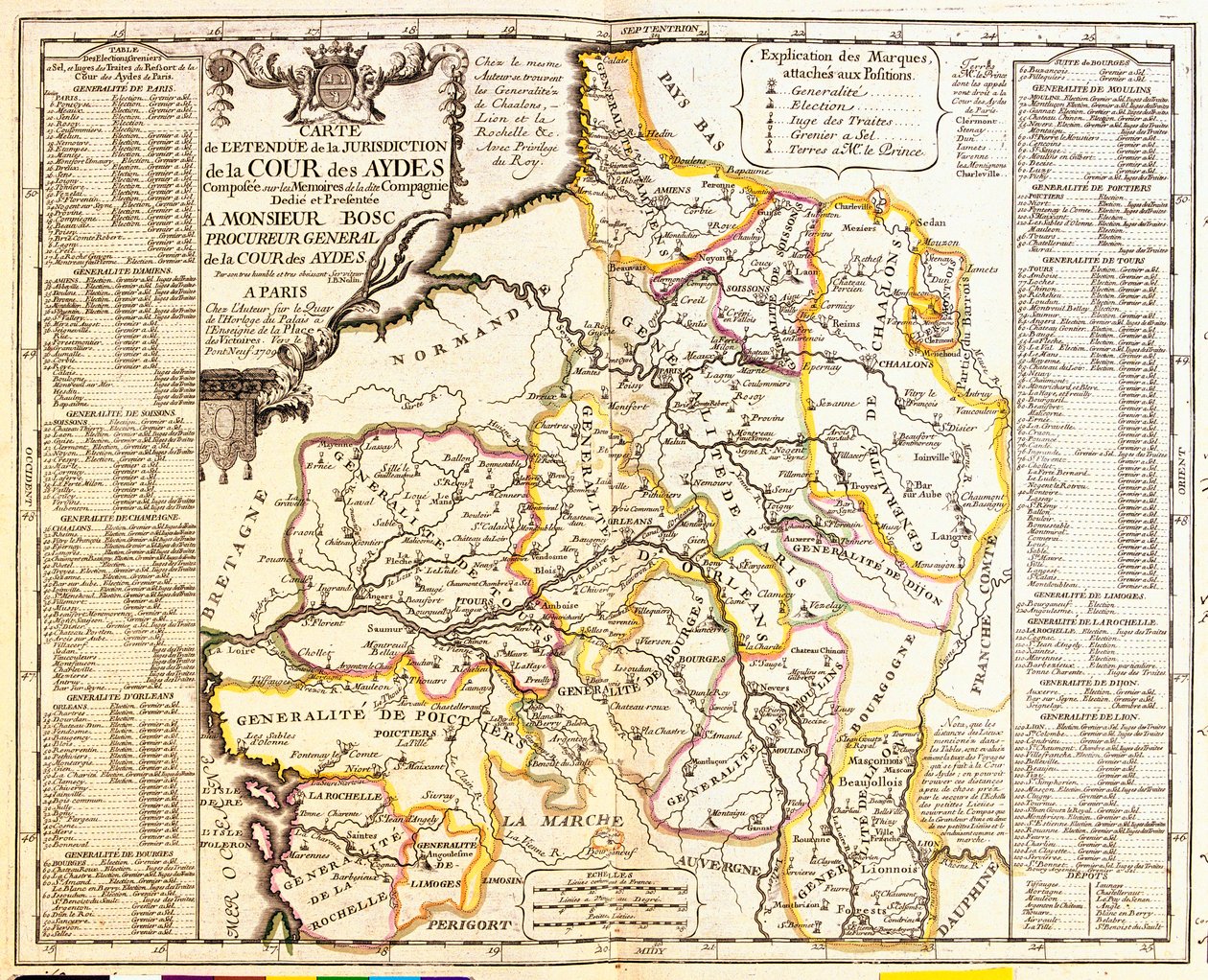 Carte des territoires français sous impôt, 1709, de Le Theatre du Monde par Jean-Baptiste Nolin, publié en 1717 (gravure en couleur) - French School