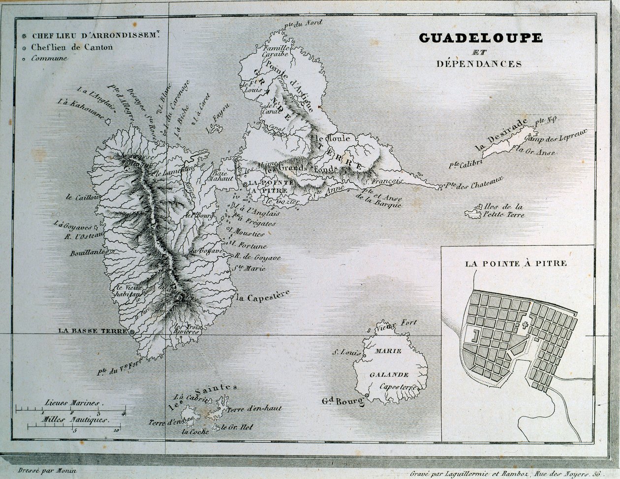 Carte de la Guadeloupe et de ses dépendances. Gravure du 19ème siècle. Chartres, Musée des Beaux-Arts - French School