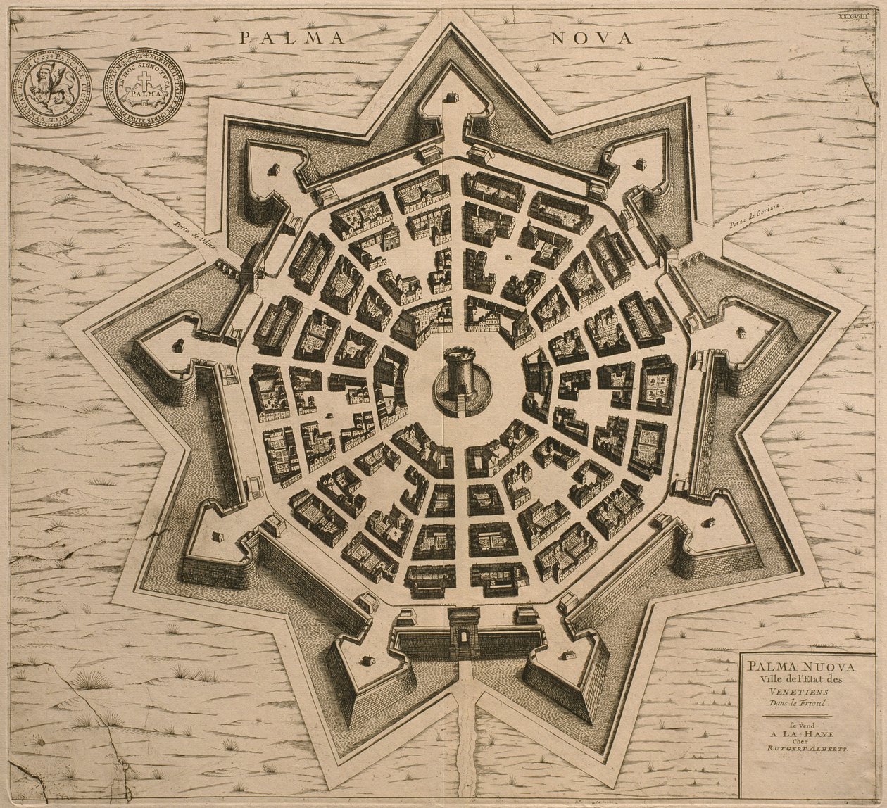 Carte de Palmanova, de Les Villes de Vénétie, 1704, publiée par Rutgert Alberts à La Haye - French School