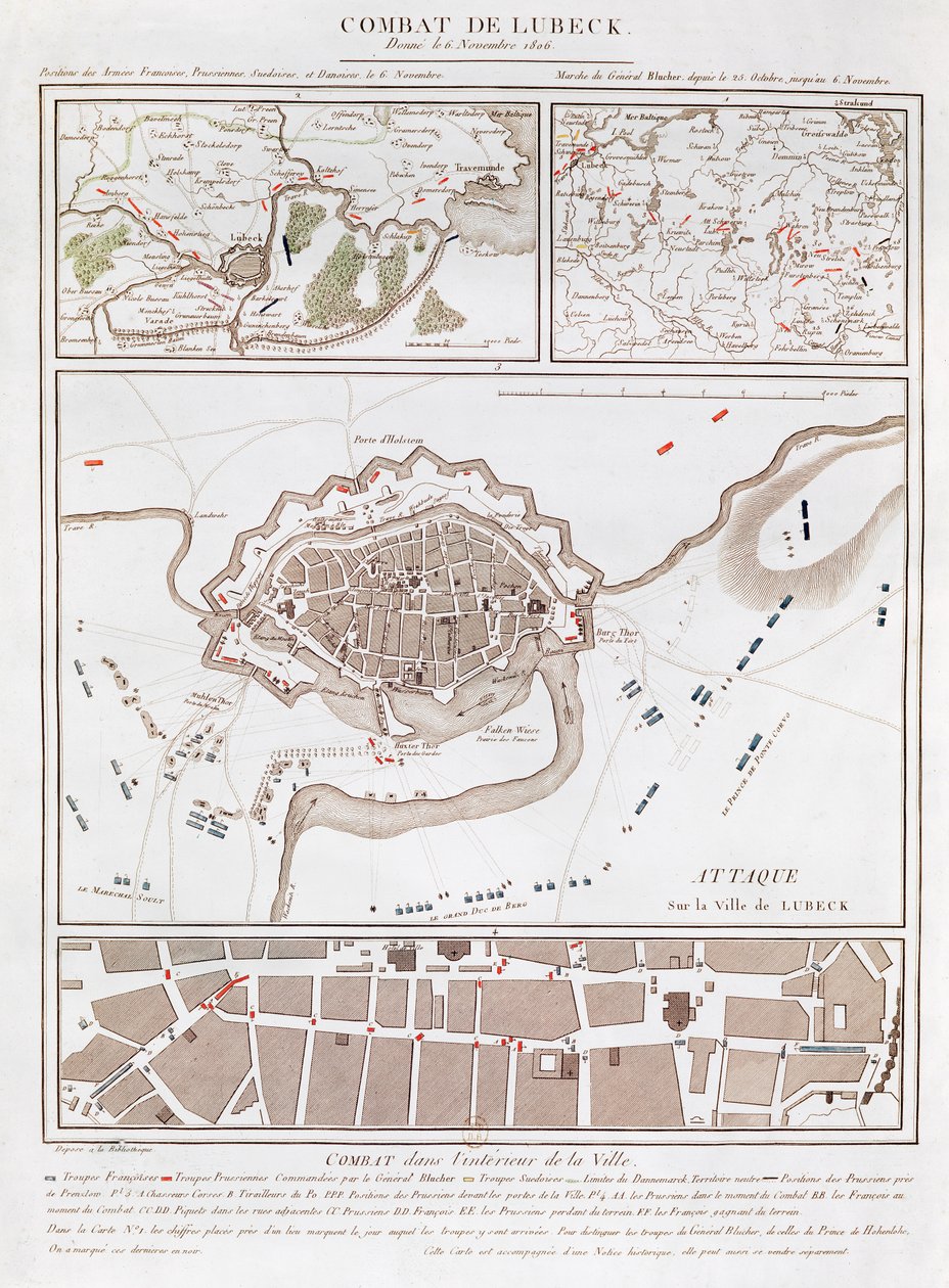 Carte du combat à la Bataille de Lübeck, montrant les positions des armées françaises, prussiennes, suédoises et danoises - French School