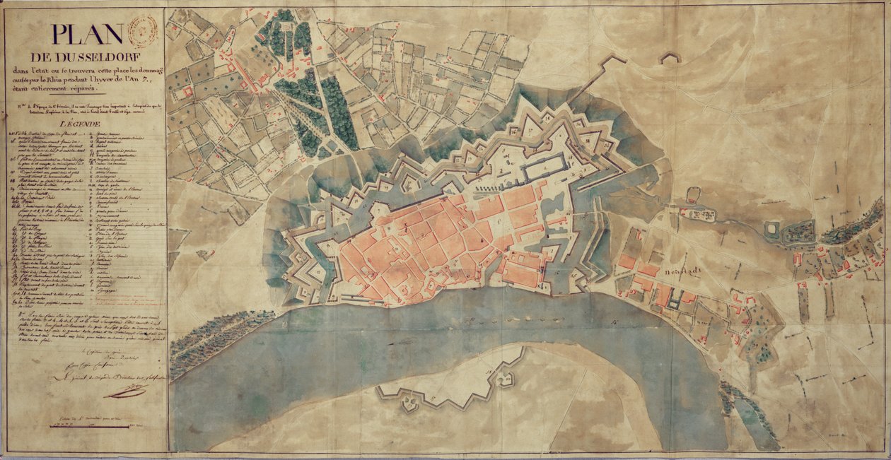 Carte des dégâts causés par le Rhin, Düsseldorf, 1799 - French School