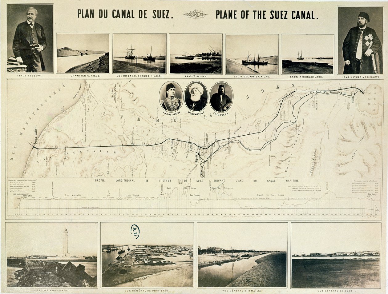 Carte du canal de Suez accompagnée de différentes vues et portraits de Ferdinand de Lesseps (1805-94) et Ismail Pacha (1830-95) 1869 - French School